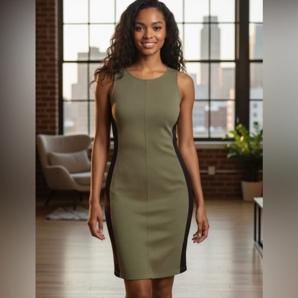 Olive Green & Black Sleeveless Sheath Dress